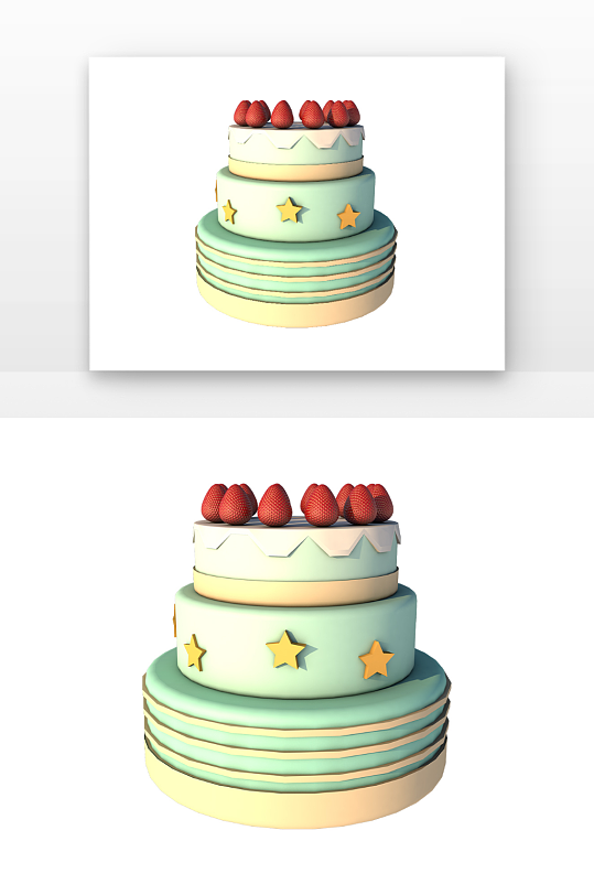 立体蓝色卡通草莓生日蛋糕D元素