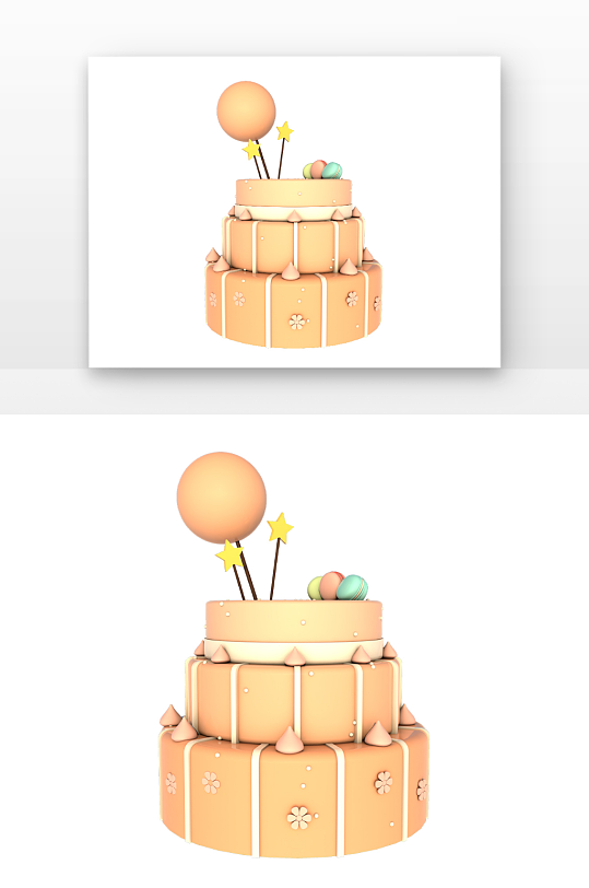立体橙色卡通生日蛋糕D元素