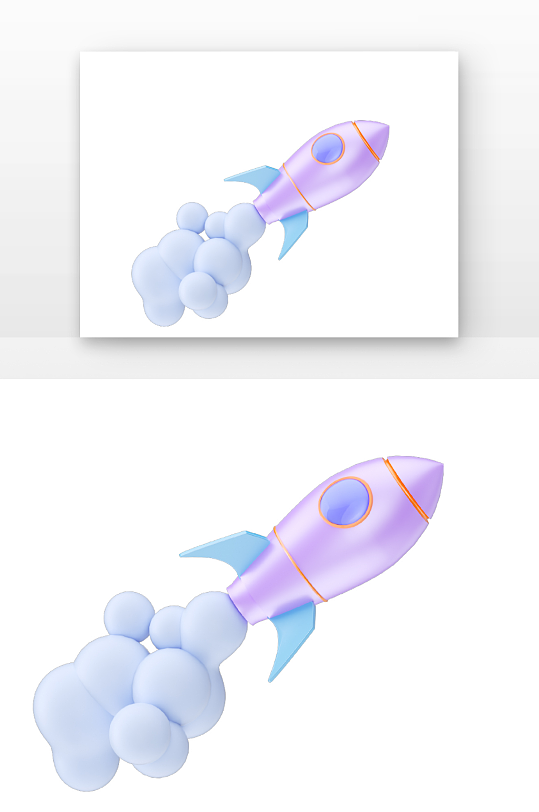立体粉蓝色火箭云彩元素立体感建模