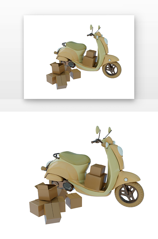 快递运输黄色摩托快递车纸箱子立体感元素-众图网