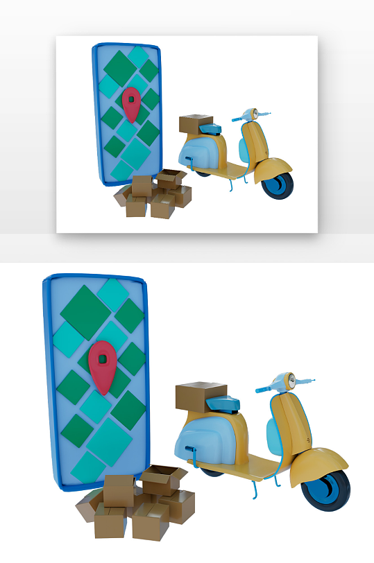 黄色摩托快递车纸箱子地图立体感元素-众图网