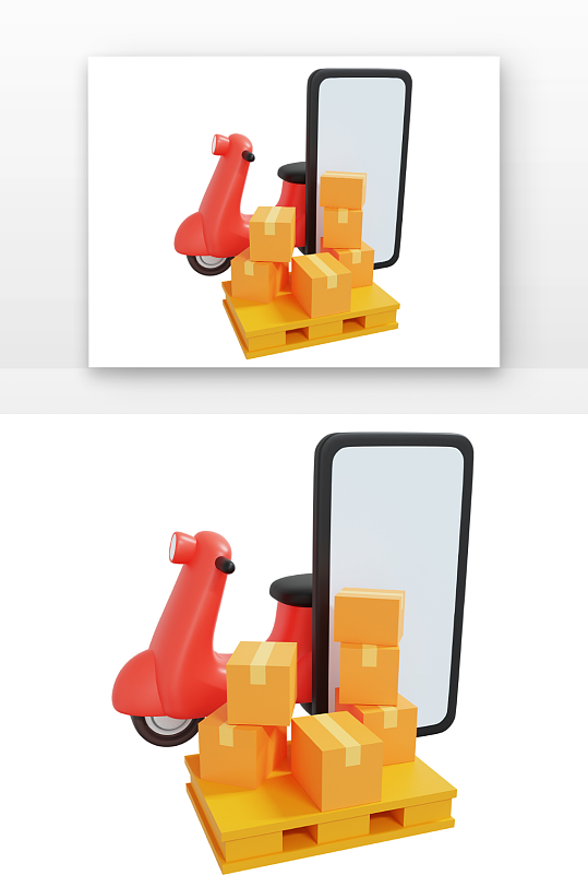 黄色摩托车手机和快递箱立体感-众图网