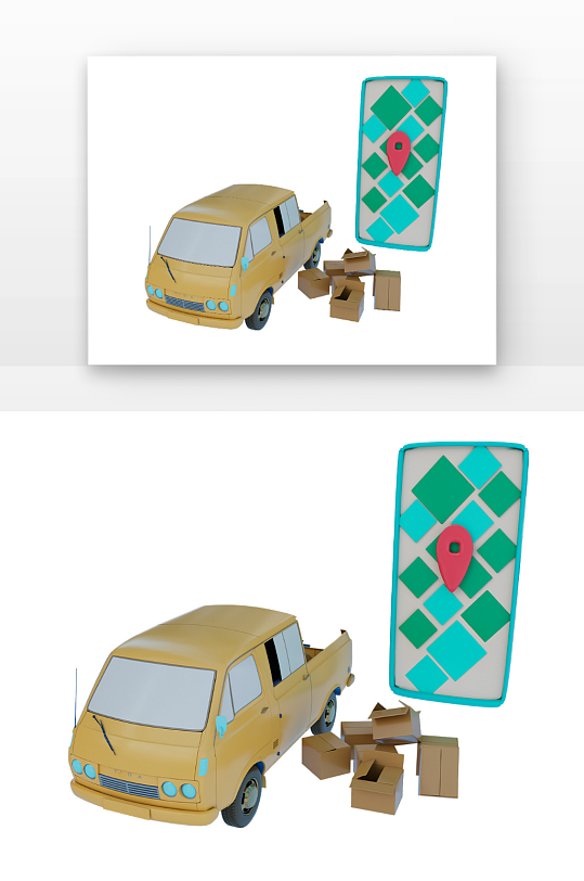 黄色快递货车纸箱子多功能地图立体感-众图网