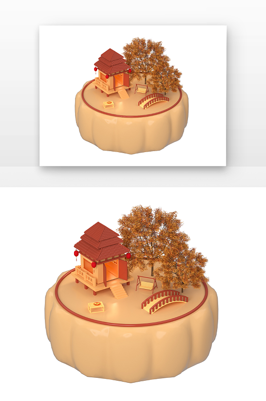 立体中式建筑月饼小场景-众图网