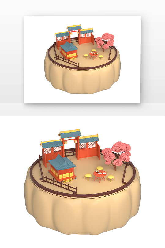 立体中式建筑庭院月饼小场景-众图网