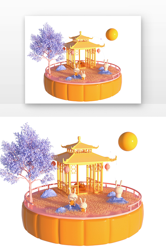 立体中秋月饼暖阳立体感小场景-众图网