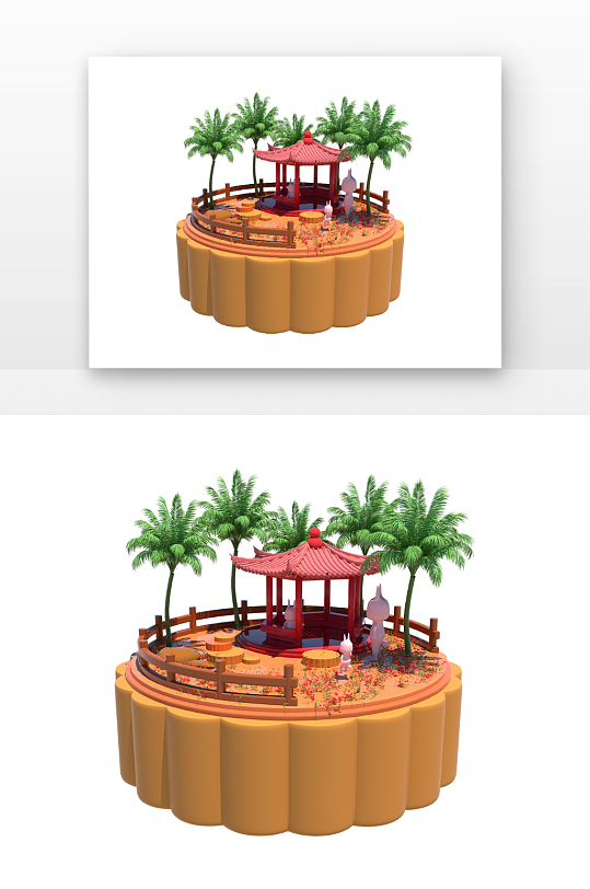 立体月饼小场景月饼月兔椰树立体感元素-众图网