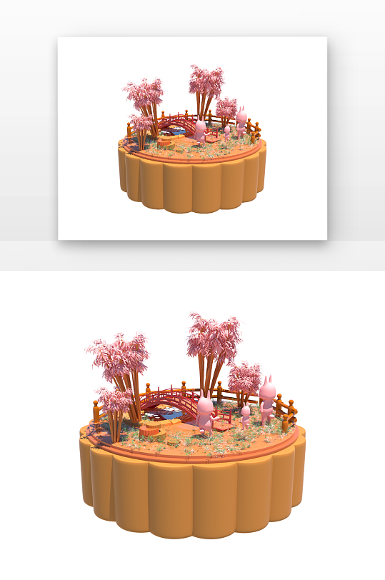 立体月饼小场景月饼月兔小桥池塘立体感元素-众图网