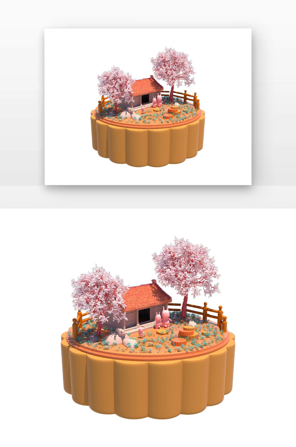 立体月饼小场景月饼月兔树叶立体感元素素材