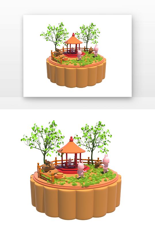 立体月饼小场景月饼月兔草地立体感元素-众图网