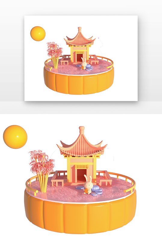 立体小兔子抱月饼赏月立体感小场景-众图网