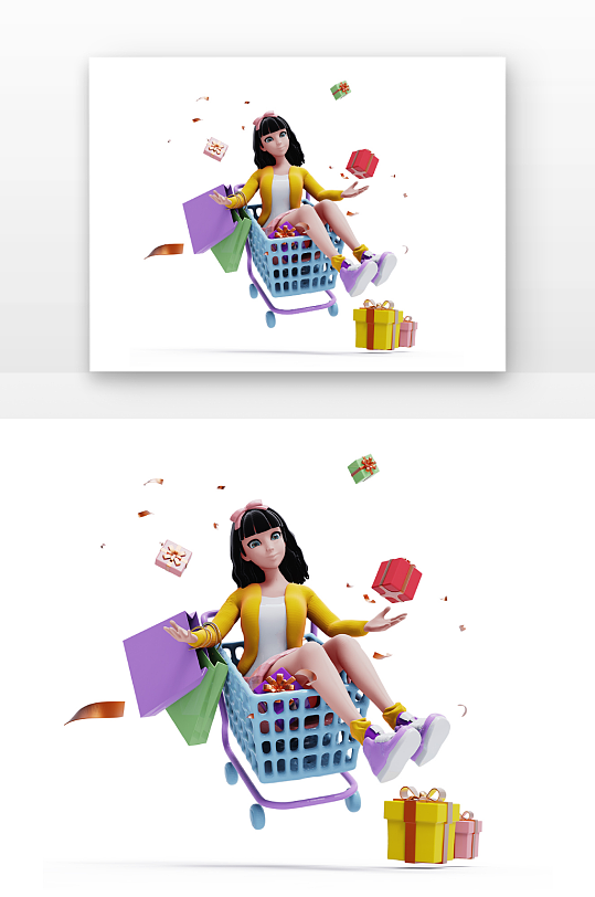 购物女孩坐购物车展示礼物-众图网
