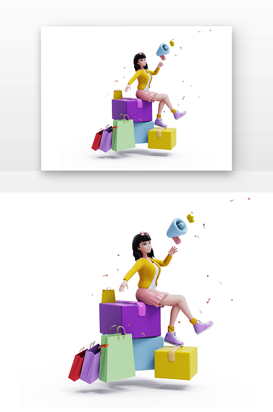 购物女孩坐快递箱拿喇叭-众图网