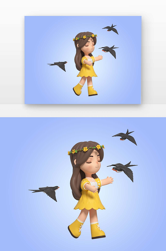 建模的立春燕子与少女卡通元素-众图网