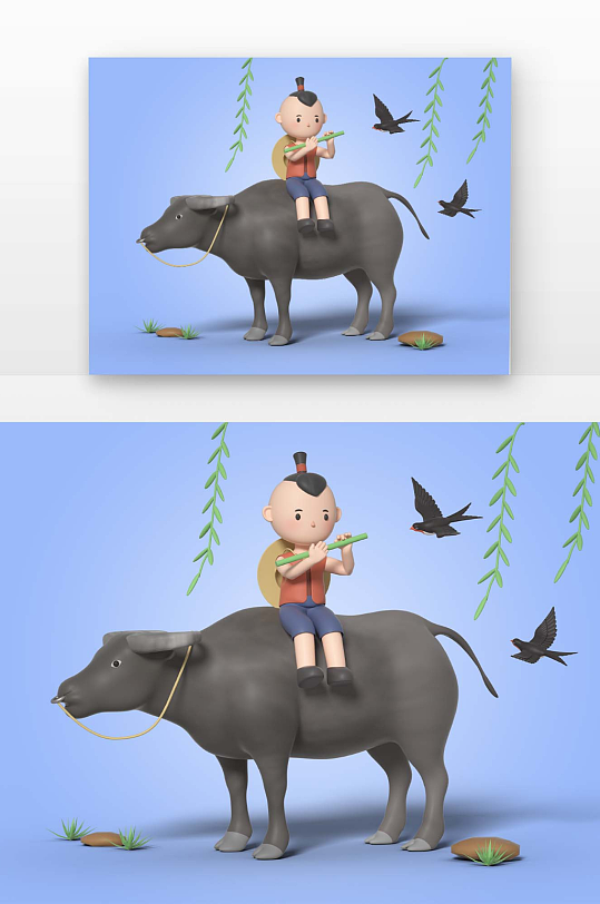 建模渲染的古风牧童放牛人物-众图网