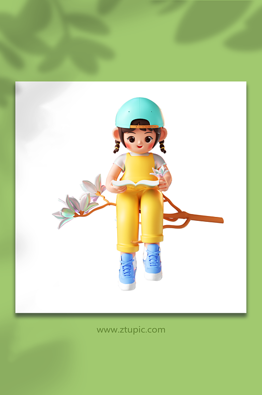 立春立体可爱少女踏青看书赏花-众图网