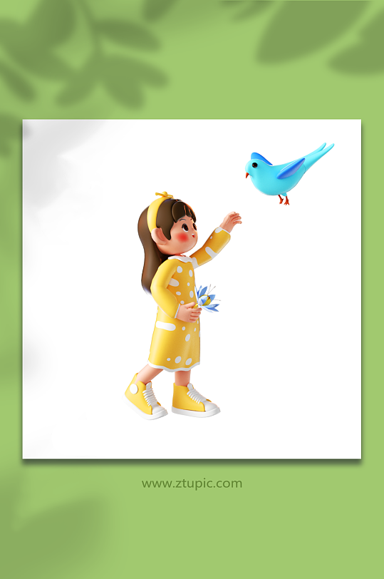 立春立体可爱少女踏青喂鸟-众图网