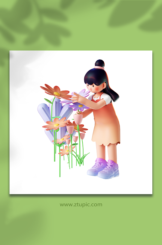 立春立体可爱少女踏青游玩赏花-众图网