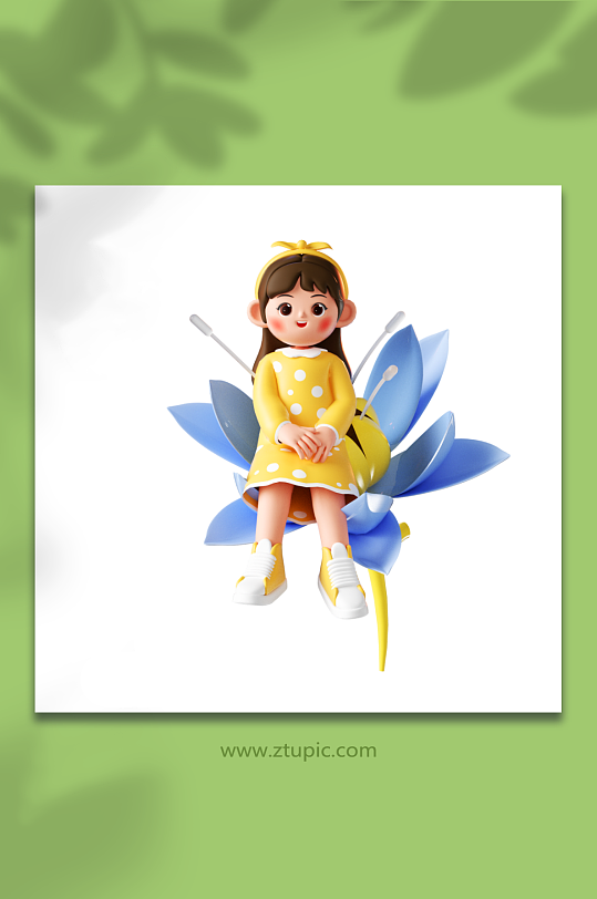 立春立体坐在花朵上的可爱少女-众图网