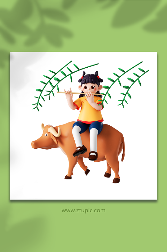 立春立体坐在牛背上吹箫的可爱少女-众图网