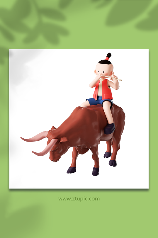 立春立体坐在牛背上吹箫的小男孩-众图网
