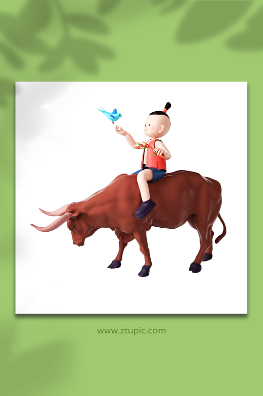 立春立体坐在牛背上喂鸟的小男孩