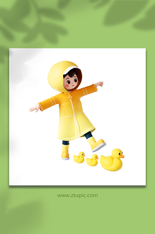 立体穿雨衣的可爱女孩和小鸭子