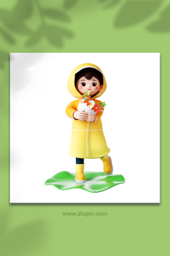立体穿雨衣的可爱女孩手抱鲜花