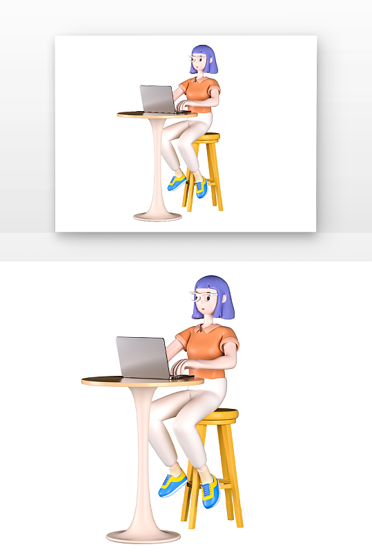 立体感橙色卡通长发女生电脑工作中元素