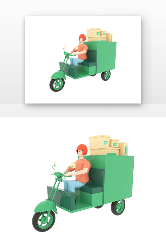 立体感绿色邮递员骑着快递车运送快递-众图网