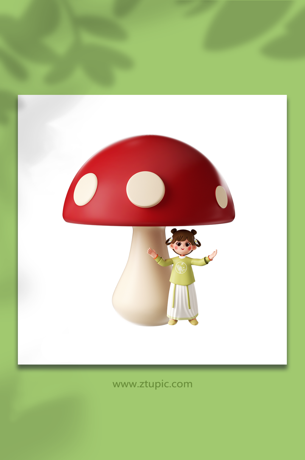 立体古装可爱少女在蘑菇下躲雨素材