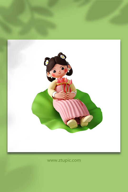 立体古装可爱少女坐在叶子上-众图网