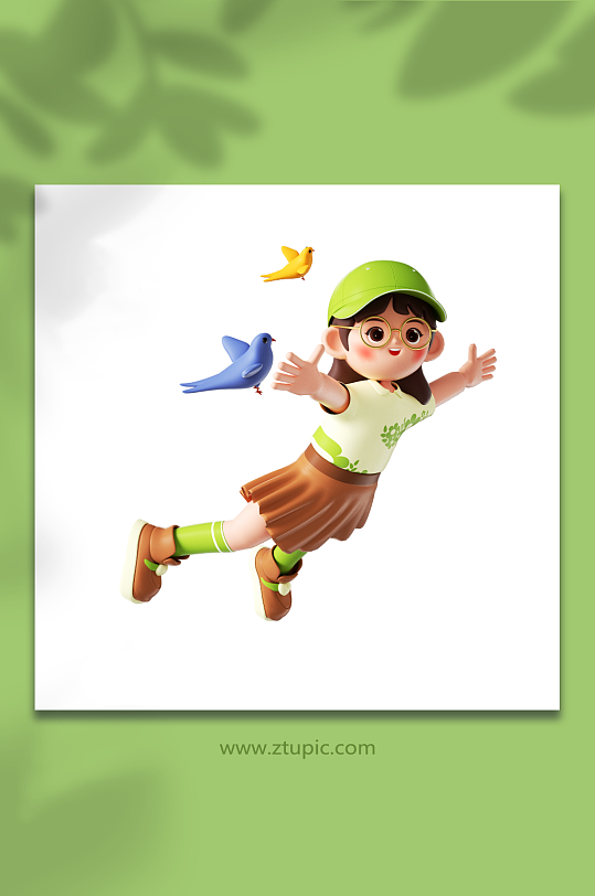 立体可爱少女与鸟飞翔-众图网