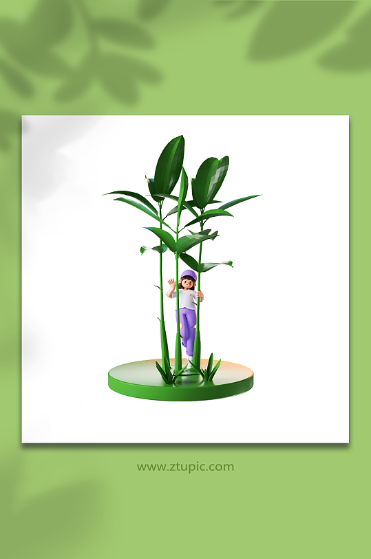 立体可爱少女在叶子下躲雨-众图网