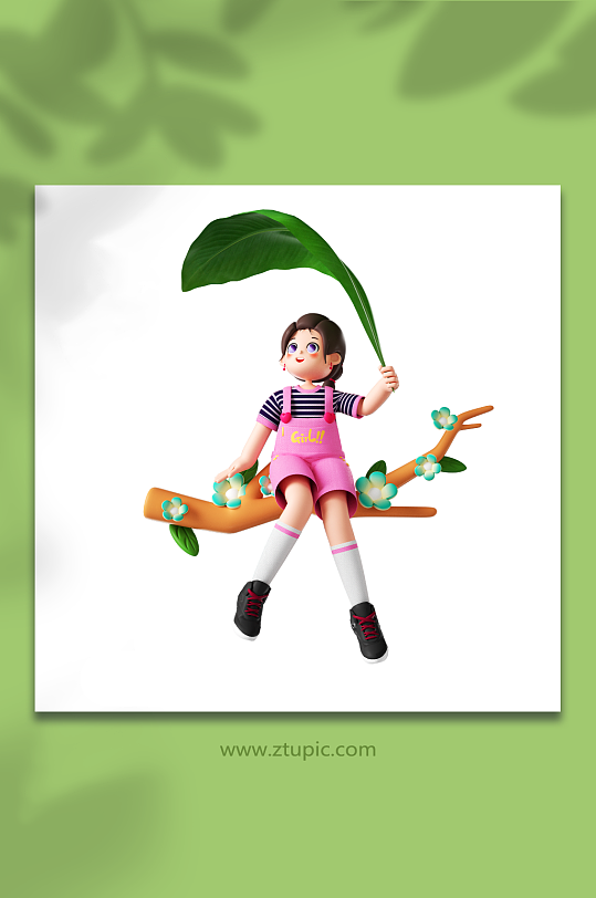 立体可爱少女坐在树上拿叶子躲雨-众图网