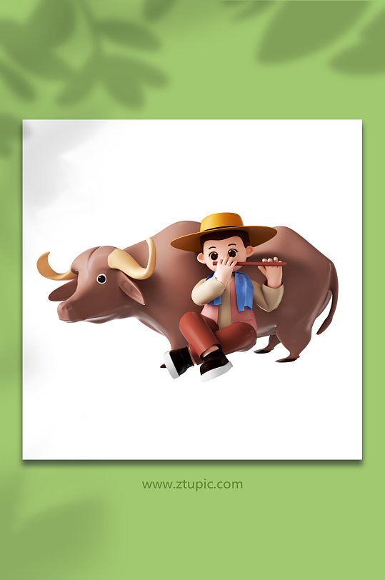 立体踏青放牛吹箫的小男孩-众图网