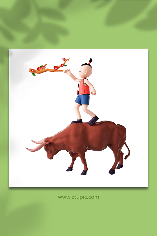 立体躺在在牛背上的小男孩-众图网