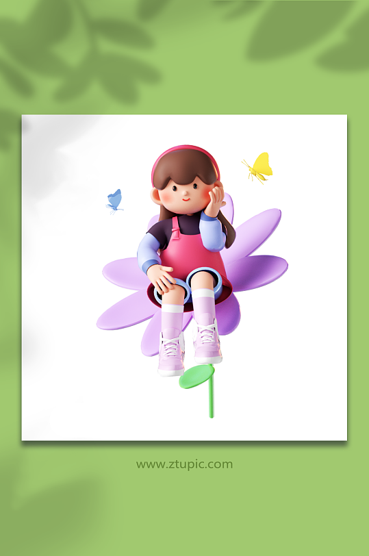 立体坐在花上的可爱少女-众图网