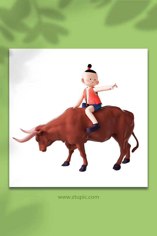 立体坐在牛背上的小男孩-众图网