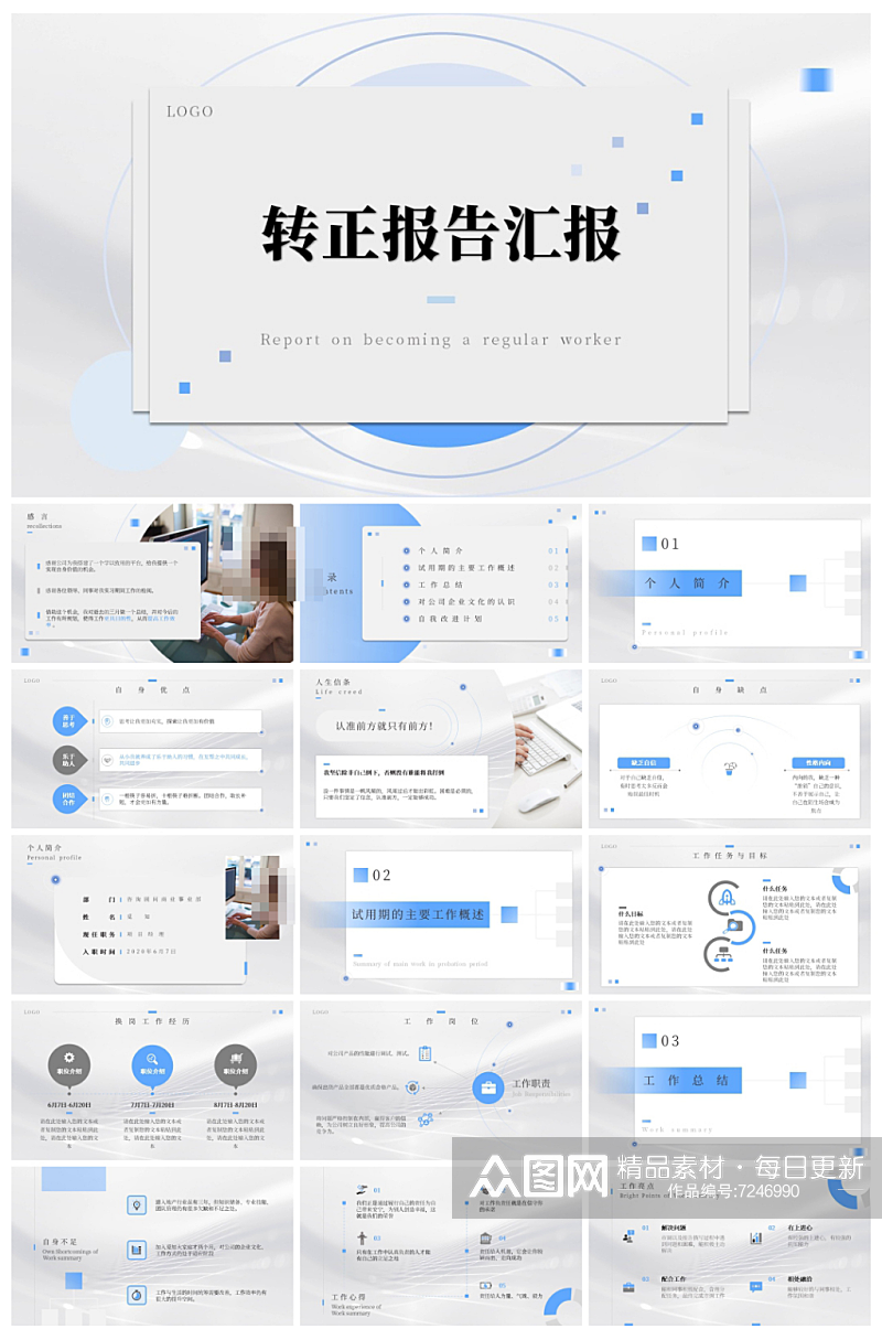 蓝色商务风转正报告述职报告PPT素材