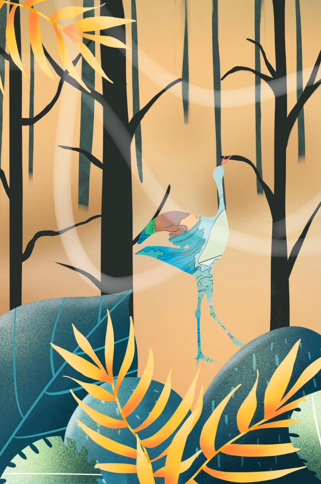 原创手绘插画风景森林丹顶鹤插画元素素材