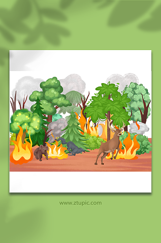 手绘卡通插画森林大火时小动物逃生场景
