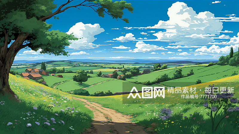 卡通绿色风景画元素田野原创设计素材