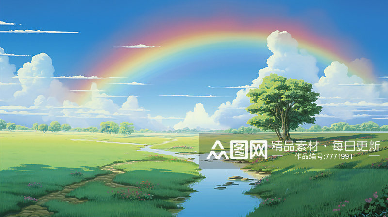 草地远处彩虹风景元素田野原创设计素材