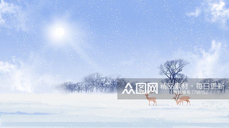 唯美冬天风景治愈系森林与鹿插画背景素材