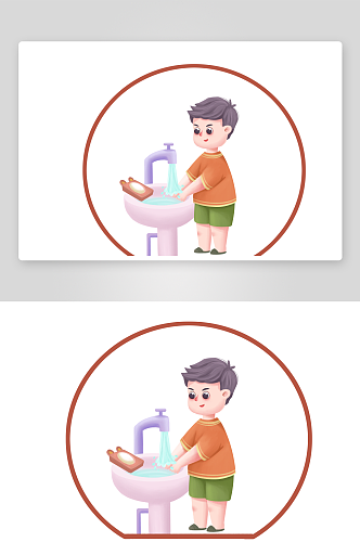 手绘人物卡通男孩用肥皂洗手的儿童防疫图标