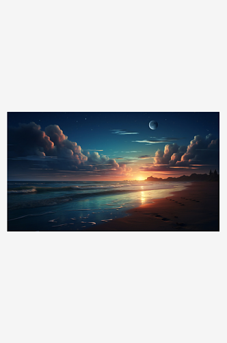 落日下的海洋风景插画
