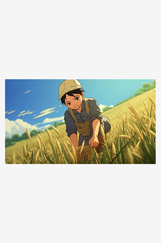 田地里戴帽子的少年背景画