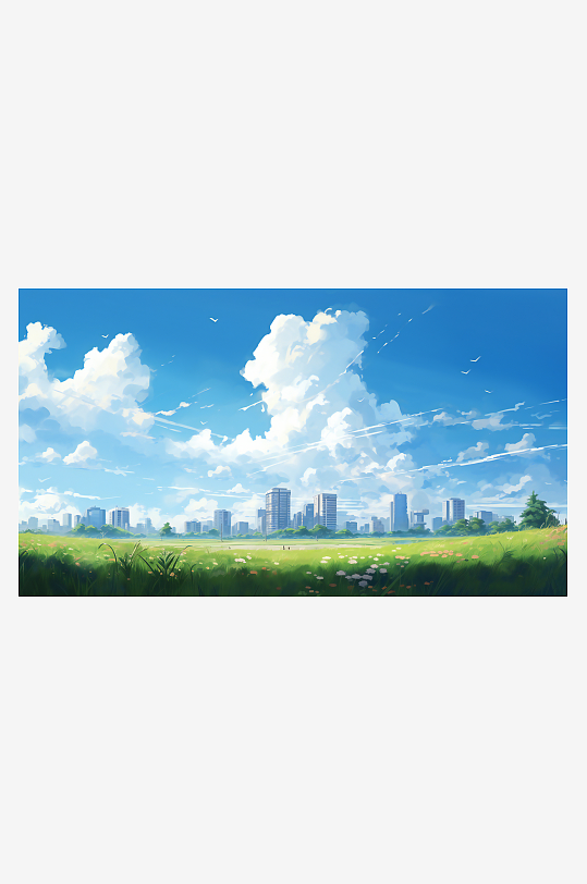 手繪藍(lán)天白云城市風(fēng)景插畫(huà)背景圖