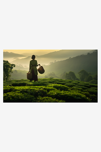 茶田里的茶农背影风景图片